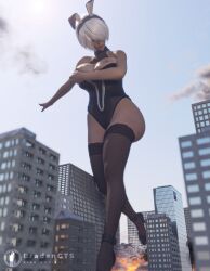 1girls 3d areolae big_breasts bradengts breasts bunny_ears bunnysuit city destruction female female_only giantess hairband huge_breasts light-skinned_female light_skin macro nier nier:_automata nipples short_hair solo solo_female thighhighs white_hair yorha_2b