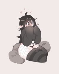 black_hair black_panties blush female female_only female_solo fishnets mistysnugglebug oversized_clothes oversized_sweater pillows pointy_ears sleepy_(mistysnugglebug) solo solo_female stockings sweater wholesome