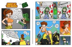 angry bra breasts comic embarrassed embarrassed_underwear_female euf garter_belt garter_straps huge_breasts luigi mario_(series) mario_kart nintendo princess_daisy supersensei toad_(mario) torn_clothes