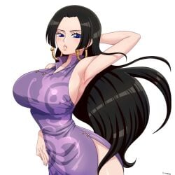 armpits black_hair boa_hancock female female_only large_breasts one_piece purple_dress sideboob simmsy snake_earrings tagme