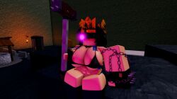 3d areola_slip black_bikini black_hair black_panties blush castle chains crown cybernetic_eye cybernetics decaying_winter hammer nervous popsiclethecat roblox roblox_game robloxian shotgun_shells sitting six_pack sledge_queen tagme