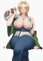 1girls barefoot big_breasts blonde_hair blue_pants blushing_at_viewer bottomwear breasts brown_eyes cleavage clothing feet_out_of_frame female female_focus female_only forehead_jewel forehead_mark hair hokage holding_object huge_breasts kunoichi law_kim lips looking_at_viewer mature mature_female mature_woman milf mother naruto naruto_(classic) naruto_(series) naruto_shippuden necklace ninja offering offering_to_viewer open_robe pants robe sake shounen_jump solo solo_female solo_focus tsunade