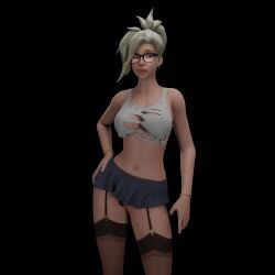 3d aretikos blender blizzard_entertainment blonde_female blonde_hair blue_eyes glasses mercy miniskirt overwatch pose posing ripped_clothing self_upload skirt stockings thick_thighs torn_clothes torn_clothing wink winking winking_at_viewer