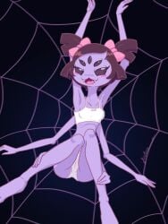 1girls 2d 5_eyes 6_arms anthro armpits arms_up arthropod ass barefoot blush_stickers bow_bra bow_panties bra brown_hair clothed collarbone fangs female female_only furboz hair_ornament hairbow legs monster_girl muffet multi_arm multi_limb open_mouth panties pink_bow purple_body ribs skinny slender small_breasts smile solo spider_girl spider_web tongue training_bra undertale undertale_(series) underwear web white_bra white_panties white_underwear