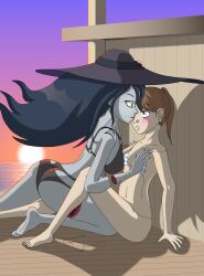 2girls avickahn beach bikini black_hair black_swimsuit blue_eyes blush bones breast_grab broken_glass brown_hair cross_section dbd dead_by_daylight female ghost glasses glasses_removed glowing_eyes green_eyes hooked_on_you knee_between_legs lana_(avickahn) large_breasts large_hat looking_at_another looking_at_partner original_character painted_nails painted_toenails pale_skin ponytail red_spider_lily saliva saliva_trail silver_eyes small_breasts spit_trail strap_slip striped_bikini sunhat sunset the_spirit_(dead_by_daylight) thick_eyebrows thin_eyebrows thin_female tiki_bar trans_woman transfem untied_bikini violet_nail_polish wounded yuri