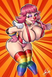 1girls 2022 :p bent_over big_breasts blush brown_eyes capcom choker clown clown_girl clown_makeup clown_nose fanart500x female female_only geiru_toneido gyakuten_saiban hand_on_hip long_hair looking_at_viewer partially_clothed pink_hair rainbow_legwear red_lipstick smiling_at_viewer solo striped_thighhighs suspenders suspenders_pull thick_thighs thighhighs tongue_out wink winking_at_viewer