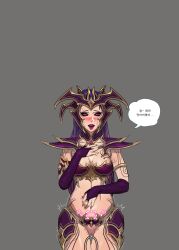 1girls ahe_gao blush censored dark_elf dialogue druchii elf female female_only korean_text light-skinned_female pubic_tattoo purple_eyes purple_hair revealing_clothes smokedpaprika solo solo_female speech_bubble supreme_sorceress text warhammer_(franchise) warhammer_fantasy wizard