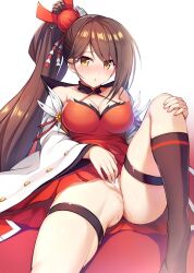 :o azur_lane bare_shoulders breasts brown_eyes brown_hair cleavage dress female female_masturbation fingering hair_ornament highres jacket kneehighs large_breasts long_hair looking_at_viewer masturbation noukatu off_shoulder ponytail pussy_juice red_dress simple_background socks solo thigh_strap thighs very_long_hair white_background white_jacket zuikaku_(azur_lane)