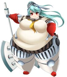 1girls android atlus axe bbw belly big_belly big_breasts blue_hair breasts fat hand_on_hip kurocaze labrys long_hair looking_at_viewer obese obese_female persona persona_4 persona_4_arena ponytail red_eyes robot robot_girl solo solo_female weapon