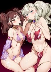 2girls ann_takamaki belly_dancer belly_dancer_outfit brown_hair cum cum_on_breasts cum_on_hair dancer dancer_outfit female harem harem_girl harem_outfit human kujikawa_rise large_breasts lovers_arcana medium_breasts multiple_girls pale_skin persona persona_4 persona_5 raiou silver_hair voluptuous