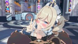 1boy 1girls 3d 3d_(artwork) aether_(genshin_impact) barbara_(genshin_impact) blonde_hair blowjob church female genshin_impact gloves kankantor koikatsu male mihoyo nun sex straight twintails