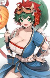 1girls :d absurdres alternate_costume bandages bangs blue_shirt blue_skirt blush breasts chest_sarashi cleavage collarbone commentary cowboy_shot female female_only fire_emblem fire_emblem:_the_blazing_blade fire_emblem_heroes gonzarez green_eyes green_hair hand_on_hip hand_up highres holding large_breasts long_hair looking_at_viewer lyn_(fire_emblem) lyn_(flame)_(fire_emblem) mask mask_on_head nintendo official_alternate_costume open_mouth ponytail revision sarashi shirt simple_background single-shoulder_shirt single_bare_shoulder single_sleeve skirt smile solo standing strapless tube_top very_long_hair white_background