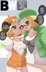 2girls assistant_pokemon_professor bianca_(pokemon) blonde_hair blush bow breasts cleft_of_venus copyright_name covered_erect_nipples creatures_(company) dual_persona english_text female female_only game_freak glasses green_eyes green_hair hat hat_bow highres incest indoors jacket lesbian looking_at_another makoto_daikichi multiple_girls nintendo nipples no_bra older_female open_mouth panties pokemon pokemon_(game) pokemon_bw pokemon_bw2 pokemon_trainer red-framed_eyewear selfcest semi-rimless_eyewear short_hair smile sweat teenage_girl teenager text thought_bubble thought_bubbles time_paradox translated under-rim_eyewear underwear white_panties younger_female yuri