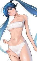 1futa bandeau blue_eyes blue_hair bra breasts censored closed_mouth copyright_request covered_nipples cowboy_shot erection female futanari head_tilt highres large_breasts lipstick looking_at_viewer makeup mosaic_censoring navel navel_piercing panties penis penis_outside piercing pink_lips shiratama_(monster1553) simple_background solo standing strapless testicles tube_top underboob underwear white_background white_bra white_panties