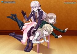 3girls akamatsu_kaede artist_request ass bent_over_lap danganronpa danganronpa:_trigger_happy_havoc danganronpa_1 danganronpa_2:_goodbye_despair danganronpa_v3 female female_only kirigiri_kyouko multiple_girls nanami_chiaki no_panties over_the_knee_spanking panties panties_around_one_leg red_ass spanking spanking_ass straight_hair super_danganronpa_2 upskirt