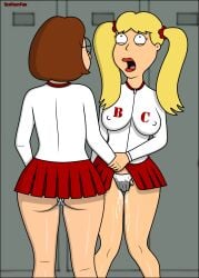 blonde_hair brown_hair cameltoe cheerleader cheerleader_outfit cindi_(family_guy) cum erect_nipples family_guy hand_on_pussy handjob masturbating_under_clothes masturbation meg_griffin orgasm_face panties pussy_juice red_skirt sexfightfun shirt skirt twintails wet wet_clothes wet_panties white_panties white_shirt yuri