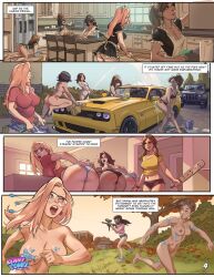 2022 big_breasts bikini blonde_hair blue_eyes breasts brown_hair busty car_wash comic courtney_spears english_text female female_focus hourglass_figure kennycomix kitchen long_hair maid_uniform momo_ito multiple_girls narration naughty_sorority_(comic) nerd nerdy_female paddle page_4 paintball public_nudity sarah_baker side-tie_bikini text voidwave wide_hips