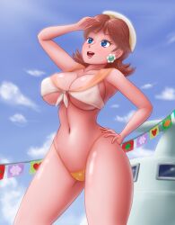 1girls big_breasts bikini blue_eyes breasts brown_hair clothing cruise_ship earrings female female_only flower_earrings half-closed_eyes hand_on_hip human human_only light-skinned_female light_skin lips mario_(series) mario_kart mario_kart_tour nintendo open_mouth princess_daisy saf-404 saf_404 safartwoks safartworks sailor_hat short_hair shoulder_length_hair solo tagme thick thick_hips thick_thighs thong video_game_character wide_hips