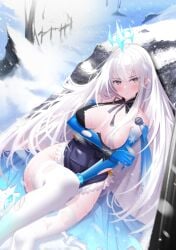 1girls blue_dress blue_gloves blush breasts crown grabbing gray_eyes long_hair looking_at_viewer meryl_(tower_of_fantasy) sitting snow snowflake solo_focus stockings thighhighs torn_clothes tower_of_fantasy very_long_hair white_hair white_legwear