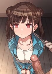 1boy blush breasts brown_hair censored collarbone double_bun erection erere female hair_bun idolmaster idolmaster_shiny_colors indoors jacket kneeling large_breasts long_hair looking_away mosaic_censoring penis red_eyes short_twintails sonoda_chiyoko straight sweat twintails