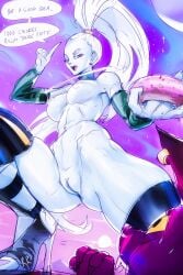 1boy 1girls android angel angel_(dragon_ball) breasts champa dominatrix doughnut dragon_ball dragon_ball_super dragon_ball_z food heels high_heels highres long_hair ponytail pussy roundranchu sweets vados white_hair