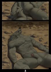 anthro ass balls blaidd_(elden_ring) bodily_fluids canid canine canis comic digital_media_(artwork) duo elden_ring fromsoftware fur genital_fluids genitals hair male male/male mammal muscular muscular_anthro muscular_male nipples nude penis red8ean sex video_games