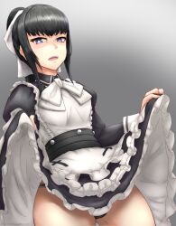 black_hair clothing disgusted disgusted_look dress_lift female female_only looking_at_viewer maid mostly_clothed narberal_gamma overlord_(maruyama) solo solo_female solo_focus tagme thick_thighs zen_cross