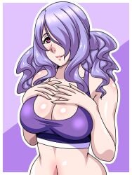 1girls alternate_hairstyle breasts camilla_(fire_emblem) cleavage female female_only fire_emblem fire_emblem_fates hair_over_one_eye inabakun00 large_breasts looking_at_viewer medium_hair nintendo pink_eyes purple_hair smile solo tank_top twintails wavy_hair