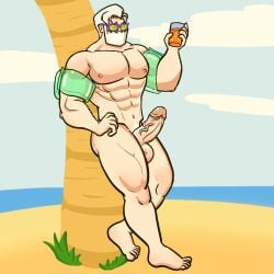 balls bara beard boner drayden erection facial_hair game_freak gay inflatable_armbands male male_focus male_only muscles muscular nintendo npc_trainer penis pgbckup pokemon solo solo_male sunglasses white_hair