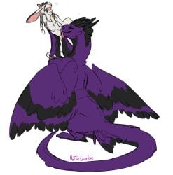 ambiguous_gender anthro anthro_on_feral breasts closed_eyes cunnilingus dragon duo feathered_wings feathers female female/ambiguous feral genitals green_eyes hi_res holding_another hooves horn lifting_another melthecannibal nude open_mouth oral purple_body pussy sex signature simple_background size_difference tongue tongue_out unknown_species vaginal_penetration white_background white_body wings zoophilia