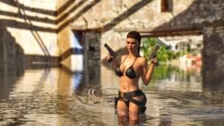 1girls 3d abs belt bikini brown_hair dual_wielding female female_only firearm fit_female guns handgun holding_weapon human janus3003 lara_croft lara_croft_(classic) large_breasts legwear pale_skin solo standing_in_water swimwear tomb_raider weapon