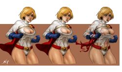 1girls blonde_hair blue_eyes boob_window dc dc_comics kryptonian leotard power_girl sequence superman_(series) torn_costume z-roger_(artist)