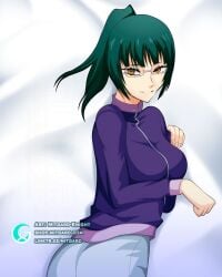 bodypillow dakimakura fanart female glasses green_hair jujutsu_kaisen looking_at_viewer looking_back mitgard-knight not_porn ponytail sfw solo zenin_maki