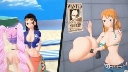 3d 3girls animated black_hair bouncing_ass bra clothed clothed_female clothed_sex clothing female female_only hourglass_figure koikatsu light-skinned_female light_skin looking_pleasured looking_up mp4 nami nico_robin no_panties no_sound one_piece open_mouth pants perona portal remote_transfer sex_toy smile stuck_in_wall through_wall unknown_artist vaginal_penetration video wormhole yuri