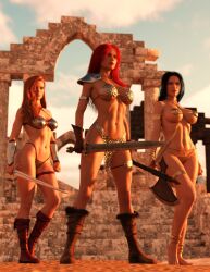 3d 3girls age_of_barbarian auburn_hair bikini black_hair blue_eyes bracelet chainmail chainmail_bikini crossover female female_only gloves gold_pasties golden_axe green_eyes holding_weapon loincloth long_hair outside red_hair red_sonja red_sonja_(comics) sheyna sword tyris_flare