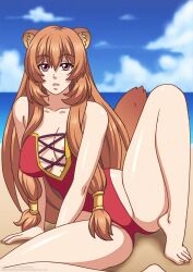 1girls barefoot beach big_breasts breasts brown_hair female long_hair meganejoe posing raccoon_ears raccoon_girl raccoon_tail raphtalia simple_background solo swimsuit tate_no_yuusha_no_nariagari thighs white_background