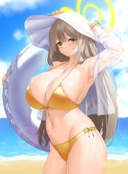 armpits beach bikini blue_archive blush breasts cho!cho! cleavage green_eyes halo hat huge_breasts navel nonomi_(blue_archive) nonomi_(swimsuit)_(blue_archive) rubber_ring sun_hat