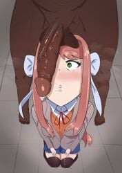 1boy 1girls big_penis black_penis dark-skinned_male dark_skin doki_doki_literature_club drooling interracial lips monika_(doki_doki_literature_club) penis_on_face perspective pink_hair player pvalent self_insert skirt stockings tagme