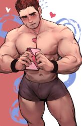 1boy abs blush blushing_at_viewer boxers_(clothing) bulge dopq embarrassed gift gift_box gunzo_(tokyo_afterschool_summoners) heart human human_only lifewonders looking_at_viewer male male_only multicolored_background muscular muscular_male nipples red_eyes red_hair shirtless sweat sweatdrop tokyo_afterschool_summoners tokyo_houkago_summoners valentine's_day wristband