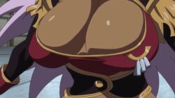 1boy animated ass ass_cleavage big_ass big_breasts bouncing_breasts breasts butt_crack cleavage_cutout crop_top dark_skin dragonaut female garnet_maclaine hair_over_one_eye high_heel_boots kicking lipstick low_cut_pants pants purple_hair thighhighs thong whale_tail