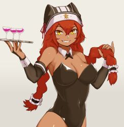 big_breasts bunnysuit dark-skinned_female hat lupusregina_beta overlord_(maruyama) red_hair tagme waitress yellow_eyes