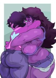 2girls bbw bbw_mom big_ass booty_shorts female greg_universe huge_breasts idlecil incest jacket jeans kissing making_out midriff_baring_shirt mother_and_daughter multiple_girls nora_quartz_universe rule_63 shorts steven_quartz_universe steven_universe yuri