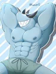 bara buff half_naked hands_behind_head jawsum male_only muscular_male omori pecs shark shorts six_pack smile sunglasses