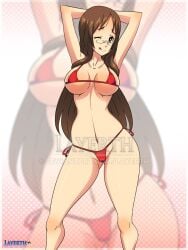 armpits bikini brown_eyes brown_hair glasses hourglass_figure k-on! layerth licking_lips long_hair posing sawako_yamanaka_(k-on!) thick_thighs wink