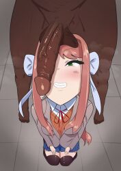 1boy 1girls ball_worship balls_on_head big_penis dark-skinned_male dark_skin doki_doki_literature_club erection interracial kneeling monika_(doki_doki_literature_club) penis penis_on_head player pvalent self_insert skirt smile smiling stockings testicles uncensored uniform