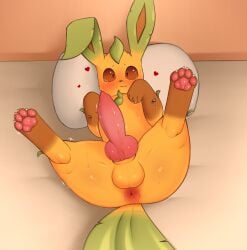 2022 animal_genitalia animal_penis anus ass balls big_balls big_butt blush bodily_fluids canine_penis ears_up eeveelution erection feral generation_4_pokemon genitals happy heart hearts hi_res knot leafeon looking_at_viewer lying male male_only mammal naked nintendo nude on_back penis pokemon pokemon_(species) presenting shaking sixfault smooth_fur solo solo_male spread_legs spreading sweat sweating video_games wet