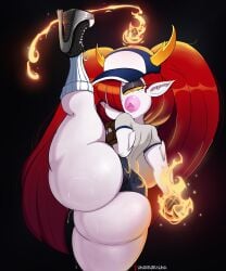 1girls ass baseball baseball_uniform big_ass bubble_butt bubble_gum clothing dat_ass demon demon_girl fat_ass female female_only fire fireball hair_over_one_eye hat heels hekapoo high_heels horns huge_ass large_ass leg_up looking_at_viewer red_hair shirt shoes shorts socks solo solo_female star_vs_the_forces_of_evil sweat thick_ass thick_thighs thunder_thighs underground_(artist) white_skin wide_hips