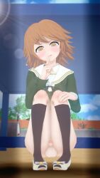 1boy 1femboy 3d blush bottomless bottomless_femboy bottomless_male brown_hair canon_crossdressing crossdressing danganronpa danganronpa:_trigger_happy_havoc danganronpa_1 embarrassed exposed_penis flats fujisaki_chihiro koikatsu no_panties penis shoes small_penis straight_hair tagme testicles ultimateenf upskirt