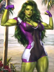 1girls abs armpits biceps big_breasts female female_only fit fit_female flexing flexing_bicep fully_clothed green-skinned_female green_eyes green_hair green_skin hulk_(series) logan_cure long_hair marvel marvel_cinematic_universe marvel_comics muscular muscular_female muscular_shoulders muscular_thighs purple_lips purple_lipstick she-hulk she-hulk:_attorney_at_law solo solo_female thick_thighs thunder_thighs unitard veiny_muscles