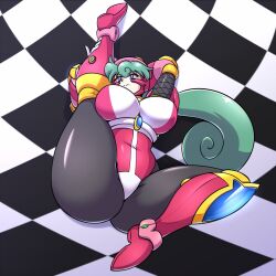 1girls armor armpits big_breasts bodysuit green_hair hyoumaru legs_up long_hair marino mega_man mega_man_x ponytail robot robot_girl solo tagme thick_thighs